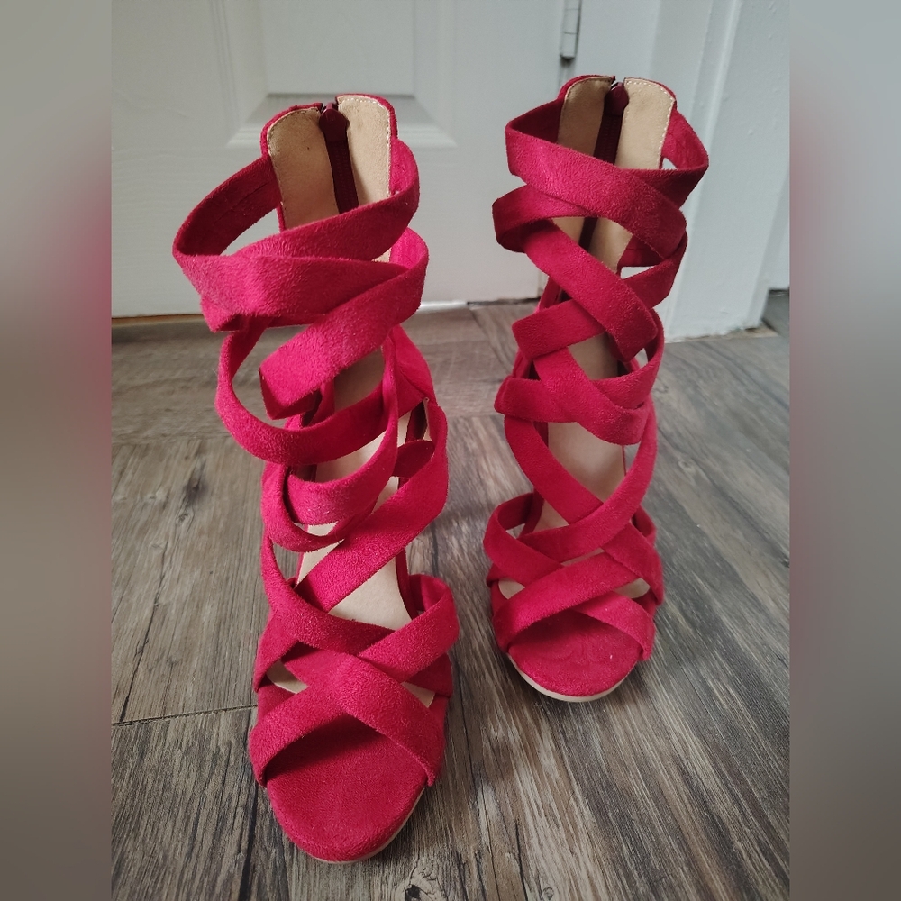 Red Suede Strappy Women's Heels